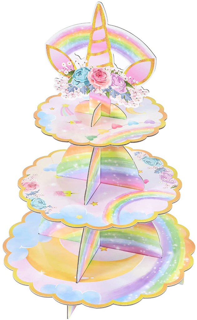 Unicorn Cupcake Stand - Unicorn Birthday Party Decorations for Girls Kids 3-Tier Cardboard Cupcake Stand Dessert Tower Holder round Serving Tray Stand Unicorn Horn Theme Baby Shower Party Supplies