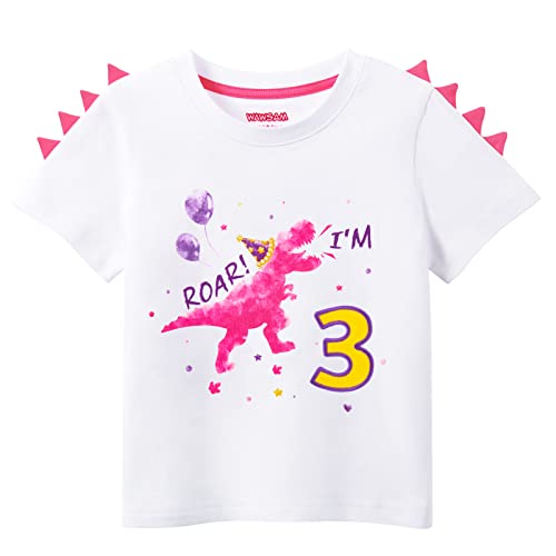 3rd Birthday Girl Shirt Dinosaur Birthday Girls T-Shirts Dino Birthday Shirts for Tolddlers Girls 3 Years Old Dinosaur B-Day Party T Shirt Kids Dino Short Sleeve Tees Birthday Gift Top Tee White