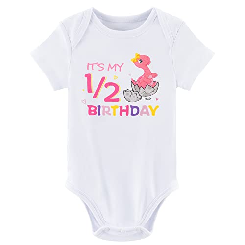 Baby Girls Half Birthday Bodysuit 1/2 Half Birthday One-Piece Romper Newborn Dinosaur Short Sleeve Onesie Infant Half Birthday Jumpsuit for Birthday Girl