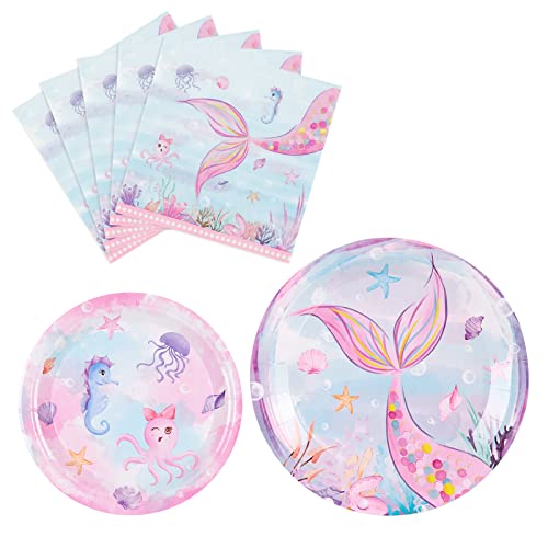 Watercolor Mermaid Party Plates and Napkins - 48PCS Mermaid Party Supplies for Girls Kids Ocean Birthday Party Dinner Dessert Paper Plates Napkins Disposable Tableware Kit Serves 16 Guests
