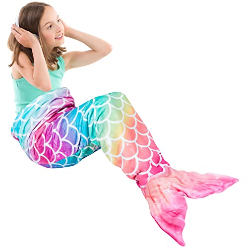 Mermaid Tail Blanket - Plush Mermaid Wearable Blanket for Girls Teens Adults All Seasons Soft Flannel Fleece Snuggle Blanket Mermaid Scale Sleeping Bag 55” x 24” (Rainbow)