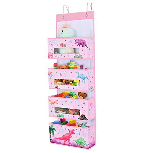 Watercolor Dinosaur Over Door Hanging Organizer - 4 Pockets Door Organizer Storage with 3 Clear Window for Kids Girls Bedroom Pantry Toys Towels Sundries Diapers Baby Storage Nursery Decor