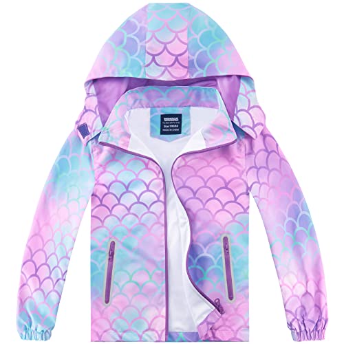 Girls Rain Jacket Lightweight Kids Raincoat Outdoor Mermaid Rain Coat Hooded Toddler Windbreakers Outwear Waterproof Mermaid Rain Poncho Coats for School Travel Outdoor Sports