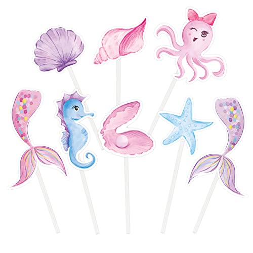 Watercolor Mermaid Party Cupcake Toppers - 32PCS Mermaid Cake Decorations for Girls Under the Sea Baby Shower Birthday Party Cupcake Decor Picks