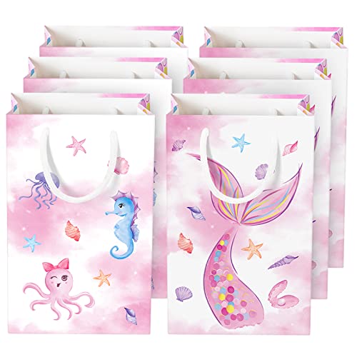 Mermaid Party Bags - Watercolor Mermaid Pool Party Supplies 16 PCS Gift Bags with Handles for Girls Under the Sea Birthday Party Favor Bags Baby Shower Goodie Treat Bags