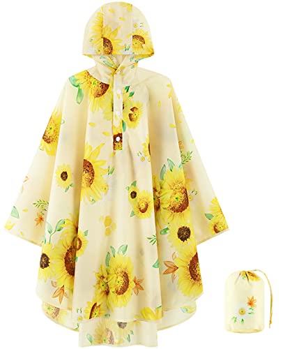 Lightweight Rain Poncho for Boys Girls Waterproof Toddler Raincoat Reusable Kids Rainwear Portable Sunflower Rain Slicker Outwear with Pouch Youth Rainbow Rain Jacket with Hood for School Camping