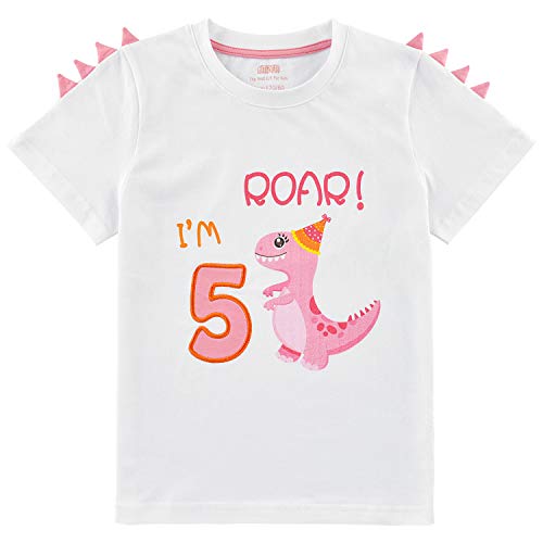 Birthday Girl T Shirts - 5 Years Old Dinosaur Party B-Day Top Tee Gift 100% Cotton Embroidery Short Sleeve White Dino Printed T-Shirt…