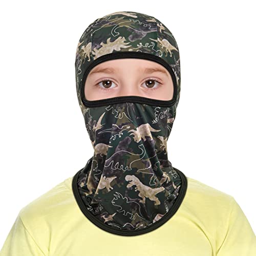 Kids Balaclava Face Mask Summer Ice Silk Full Face Cover UV Sun Protection Neck Gaiter Cooling Breathable Dinosaur Head Cover Face Covering for Outdoor Sports Hiking Cycling Running ArmyGreen