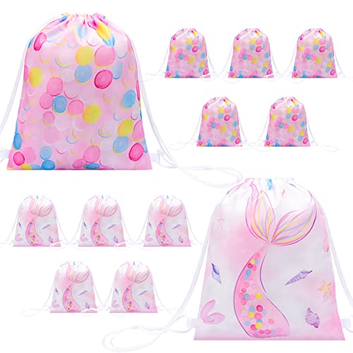 Mermaid Party Drawstring Bags - Watercolor Mermaid Party Supplies 12 PCS 10'' x 12'' Gift Bags for Girls Ocean Birthday Party Favor Bags Baby Shower Candy Snacks Goodie Treat Bags