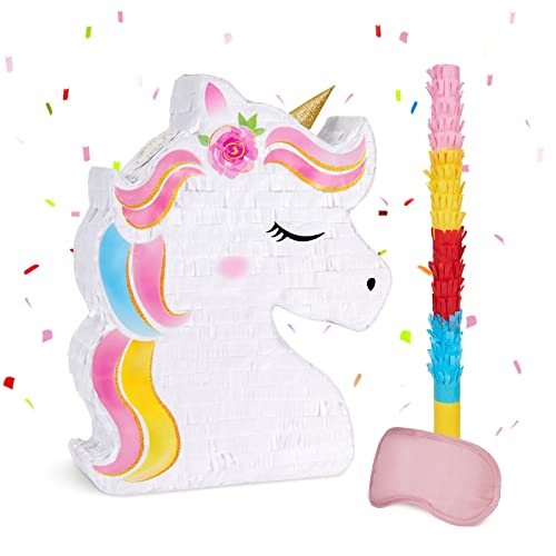 Unicorn Pinata - Unicorn Party Supplies Pinata Bundle with Blindfold and Bat for Girls Kids Rainbow Unicorn Theme Birthday Party Game Decorations (15.7" x 12.2" x 3.1")