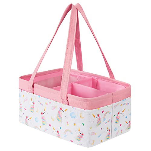 Unicorn Diaper Caddy - Collapsible Nursery Organizer for Girl Infant Baby Shower Gifts Large Pink Storage Basket for Changing Table Car Travel Living Room Newborn Essentials Must Have Dots