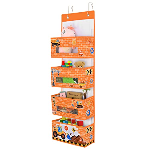 Construction Vehicle Over Door Hanging Organizer - 4 Pockets Door Organizer Storage with 3 Clear Window for Kids Boys Bedroom Pantry Toys Towels Sundries Diapers Baby Storage Nursery Decor