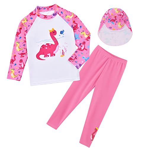 Toddler Girls Dinosaur Swimsuit Set Kids Long Sleeve Rush Guard with Hat Quick Dry 2 Piece Dinosaur Swimwear 4 Years Old Youth Bathing Suit Dinosaur Swimwear for Swimming Beach Pool Vacation Pink