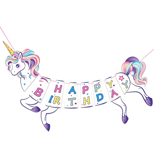 Unicorn Happy Birthday Banner - Rainbow Unicorn Party Supplies Pre-Strung Birthday Party Banner for Girls Unicorn Theme Party Decor Hanging Wall Decorations