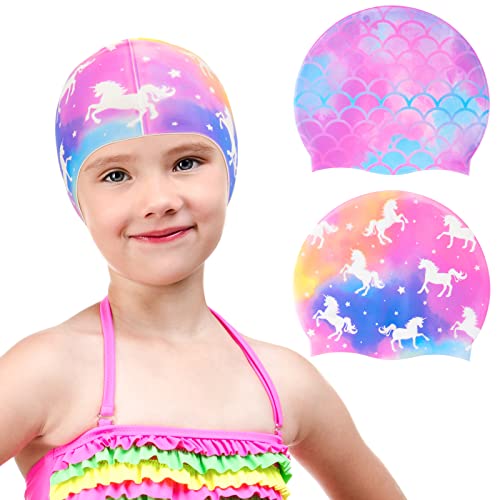 2 Pieces Girls Swimming Cap Waterproof Silicone Swim Cap for Baby Toddler Bathing Caps Durable Comfortable Kids Mermaid and Unicorn Swimming Hats for Long and Short Hair