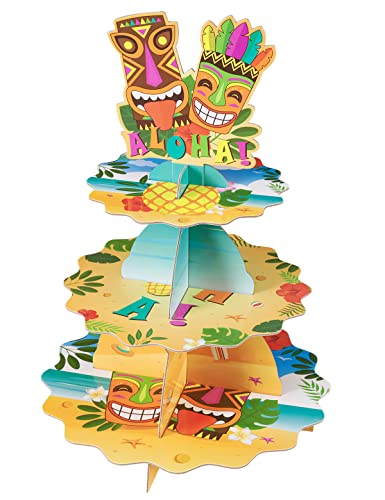 Hawaiian Cupcake Stand - Luau Party Decorations for Kids 3 Tier Cardboard Cupcake Stand Holder Dessert Tower Tropical Birthday Party Supplies Baby Shower Round Serving Tray Stand