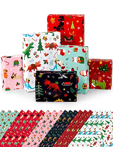 Dinosaur and Dogs Christmas Wrapping Paper Set (20 Sheets , 20" x 27")
