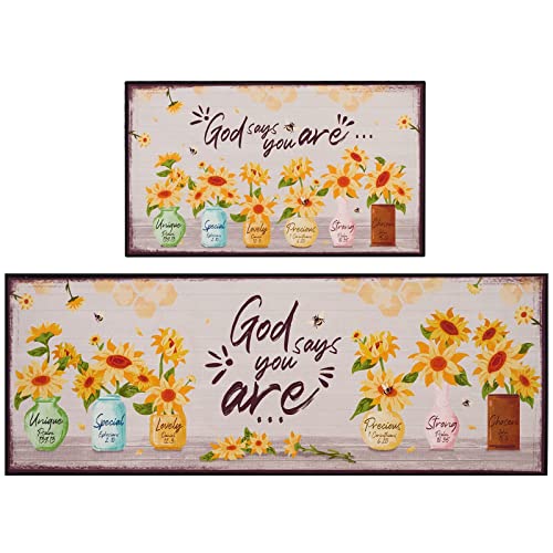 Sunflower Kitchen Rugs Set - 2 Pieces Kitchen Floor Mats Non-Slip Washable Backing Area Rug Kitchen Runner Rug God Say You are Decorations Home Indoor Doormat (17’’ x 30’’ + 17’’ x 47’’ )