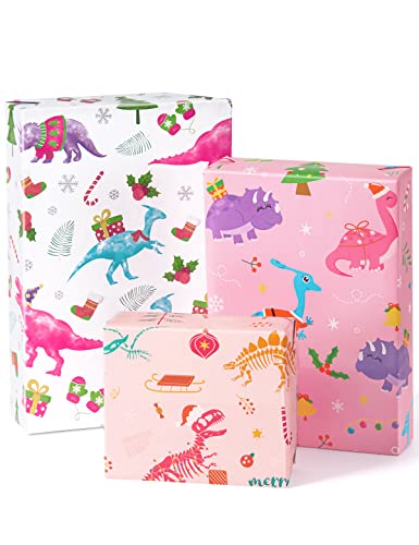 Girls' Dinosaur-Themed Christmas Wrapping Paper - 20 Sheets