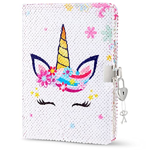 Unicorn Sequins Notebook - Rainbow Unicorn Journal for Girls with Locks Keys Unique Gift A5 Diary Notebook for Travel School Office Notepad Memos to Keep Secret Privacy