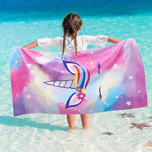 Watercolor Unicorn Beach Towel - 30’’ x 60’’ Microfiber Camping Towels Gift for Girls Kids Sand Free Fast Dry Colorful Beach Blanket Travel Swimming Bath Shower Towel