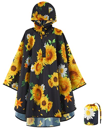 Lightweight Wowen Rain Poncho Waterproof Toddler Raincoat Reusable Adults Rainwear Portable Sunflower Rain Slicker Outwear with Pouch Wowen Rainbow Rain Jacket with Hood for School Travel Camping