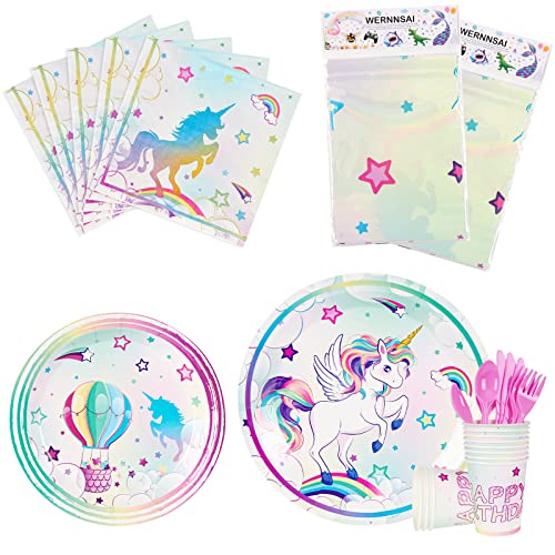 Unicorn Party Tableware Set - Rainbow Unicorn Party Supplies for Girls Birthday Tablecloth Plates Cups Napkins Knifes Forks Spoons Tableware Serves 16 Guests 114 PCS