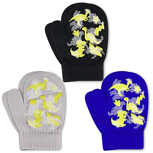 3 Pairs Kids Winter Gloves Toddler Warm Knitted Gloves Boys Stretch Mittens Magic Full Finger Warm Mittens Baby Girls Boys Dinosaur Knit Gloves for Skiing School Outdoor