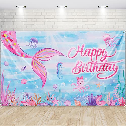 Watercolor Mermaid Backdrop - Mermaid Party Decorations 73'' x 43'' Happy Birthday Banner for Girls Birthday Party Supplies Photography Background Under The Sea Party Decor