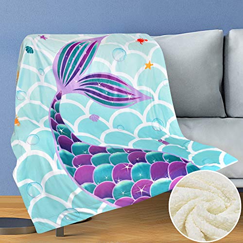 WERNNSAI Mermaid Throw Blanket - 50” × 60” Sherpa Fleece Blankets for Girls Kids Baby Shower Birthday Gifts Couch Sofa Bedroom Nursery Bed Throws Blankets
