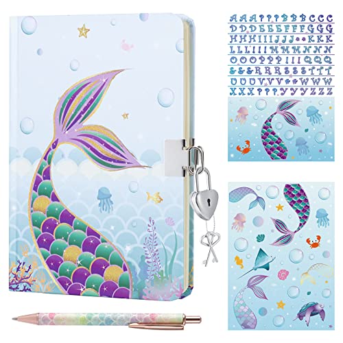 Mermaid Journal Set - Glitter Notebook Gift for Girls Kids Blue School Travel Private Diary Hardcover A5 Lined Memos Writing Drawing Notebook Ballpoint Pen Stickers with Lock Keys