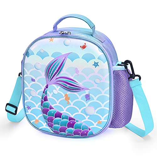 Mermaid Lunch Bag - 3D Insulated Lunch Box for Girls School Picnic Shopping Lunch Shiny Crossbody Waterproof Reusable Lunch Thermal Tote Handbag with Detachable Strap