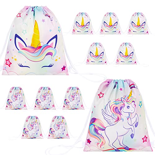 Unicorn Party Drawstring Bags - 12 Pack Rainbow Unicorn Party Supplies 10" x 12" Unicorn Theme Party Favor Bags for Girls Birthday Baby Shower Washable Party Goodie Bags with String