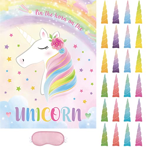 Pin the Horn on the Unicorn Game - 21’’ x 28’’ Unicorn Party Game with 24 PCS Horns Stickers Unicorn Theme Party Supplies for Girls Kids Birthday Game Poster