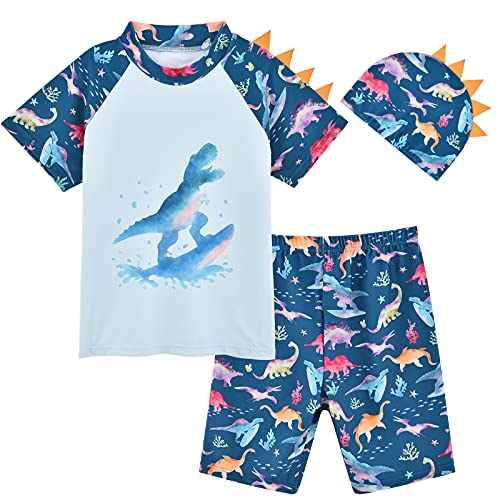 Toddler Boys Swimsuit Dinosaur Swimming Rash Guard with Hat Two Pieces Trunk Short Sleeve Swimwear Set (as1, Age, 2_Years, 3_Years, Baby Boys, Blue, 2-3 T)