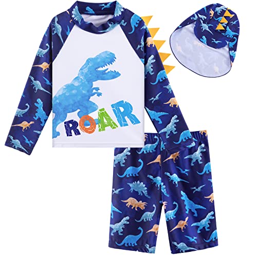 Toddler Dinosaur Swimsuit Kids Bathing Suit Boys Rush Guard and Trunks Set with Hat Quick Dry 2 Pieces Dinosaur Swimwear 3 Years Old Youth Kids Beachwear for Swimming Beach Pool Vacation Dark Blue