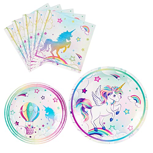 Unicorn Party Plates and Napkins - Rainbow Unicorn Party Supplies for Girls Disposable Dinner Dessert Plates Napkins Tableware Set Serves 16 Guests 48 PCS