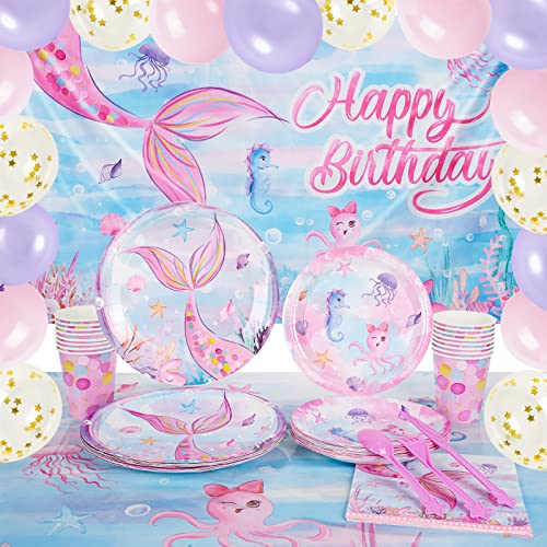 Watercolor Mermaid Party Decoration Set - 140PCS Mermaid Party Supplies for Girls Kids Happy Birthday Backdrop Balloons Tablecloth Plates Napkins Cups Tableware Set Serves 16 Guests