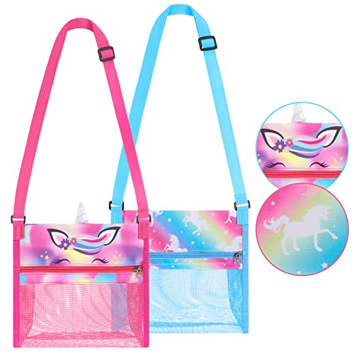 Rainbow Unicorn Shell Bag - 2 Packs 9” x 10” Beach Mesh Bag for Kids Girls with Adjustable Strap Beach Bag Set for Holding Shells Beach Toys Swimming Accessories
