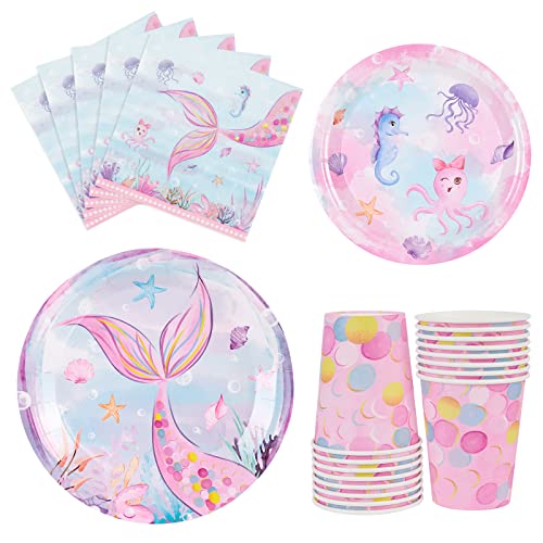 Watercolor Mermaid Party Supplies - Mermaid Birthday Party Tableware Set for Girls Birthday Party Baby Shower Paper Plates Cups Napkins Serves 16 Guests 64 PCS