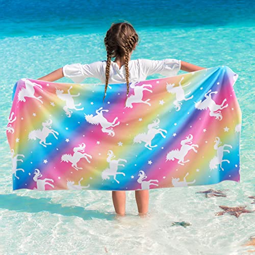 Rainbow Unicorn Beach Towel - 30’’ x 60’’ Microfiber Camping Towels Gift for Girls Kids Sand Free Fast Dry Colorful Beach Blanket Travel Swimming Bath Shower Towel
