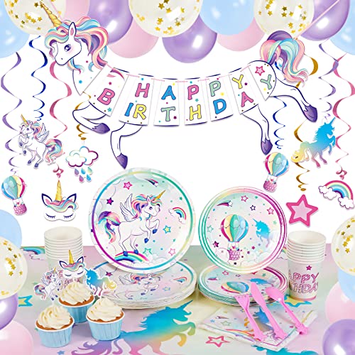 Unicorn Party Supplies Set - Rainbow Unicorn Party Decorations for Girls Birthday Banner Balloons Tablecloth Hanging Swirls Cupcake Toppers Plates Cups Napkins Tableware Serves 16 Guests 193 PCS