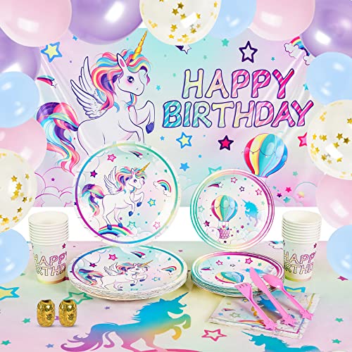 Unicorn Party Supplies Set - Rainbow Unicorn Party Decorations for Girls Birthday Backdrop Balloons Tablecloth Ribbons Dinner Dessert Plates Cups Napkins Tableware Serves 16 Guests 136 PCS