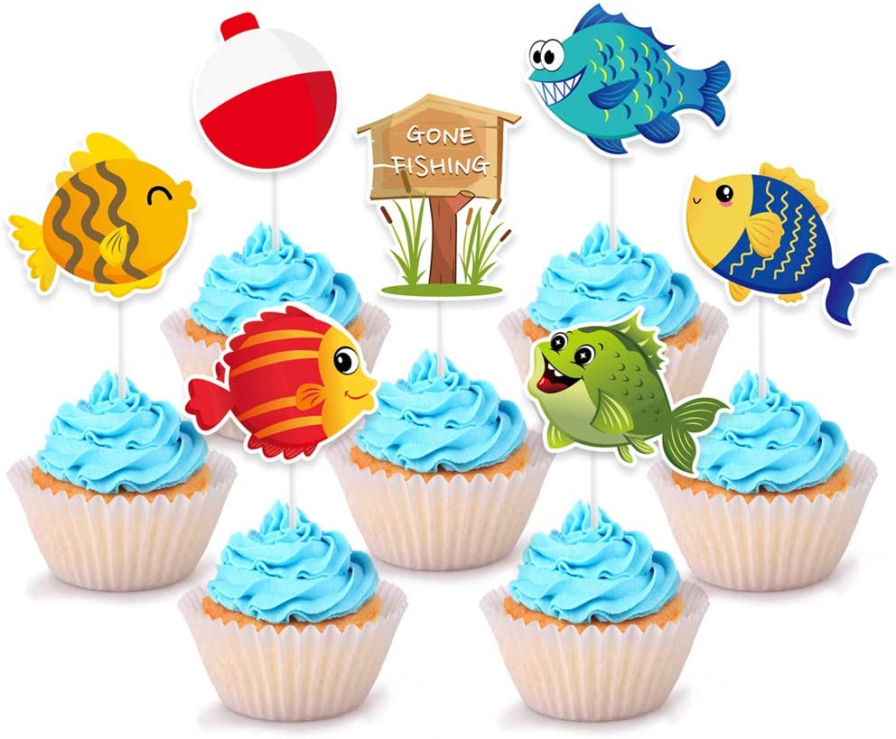 Gone Fishing Cupcake Topper Little Fisherman Birthday Party Cake Decorations  for Kid Baby Shower Summer Pool Beach Underwater Party Supplies Gone  Fishing Theme Party Cake Topper Picks 28 PCS – WERNNSAI