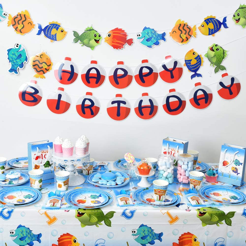 Gone Fishing Birthday Party Supplies Set Plates Napkins Cups Tableware Kit  for 16